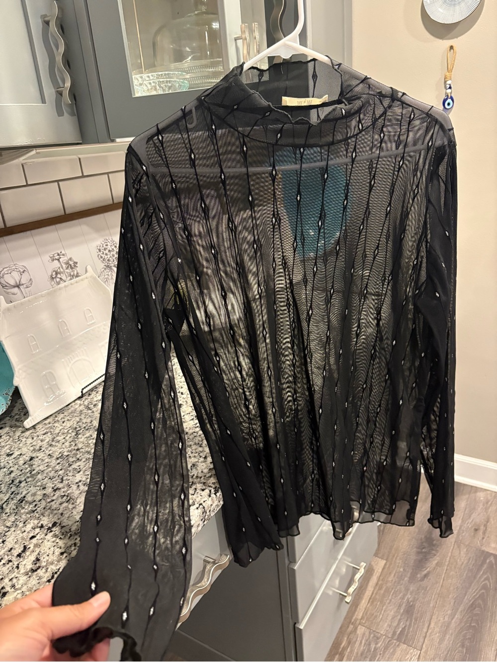 Black Sheer Beaded Long-Sleeve Top -